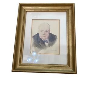 Vintage 1943 Winston Churchill Watercolor Portrait by O. Binks Historic WWII Art
